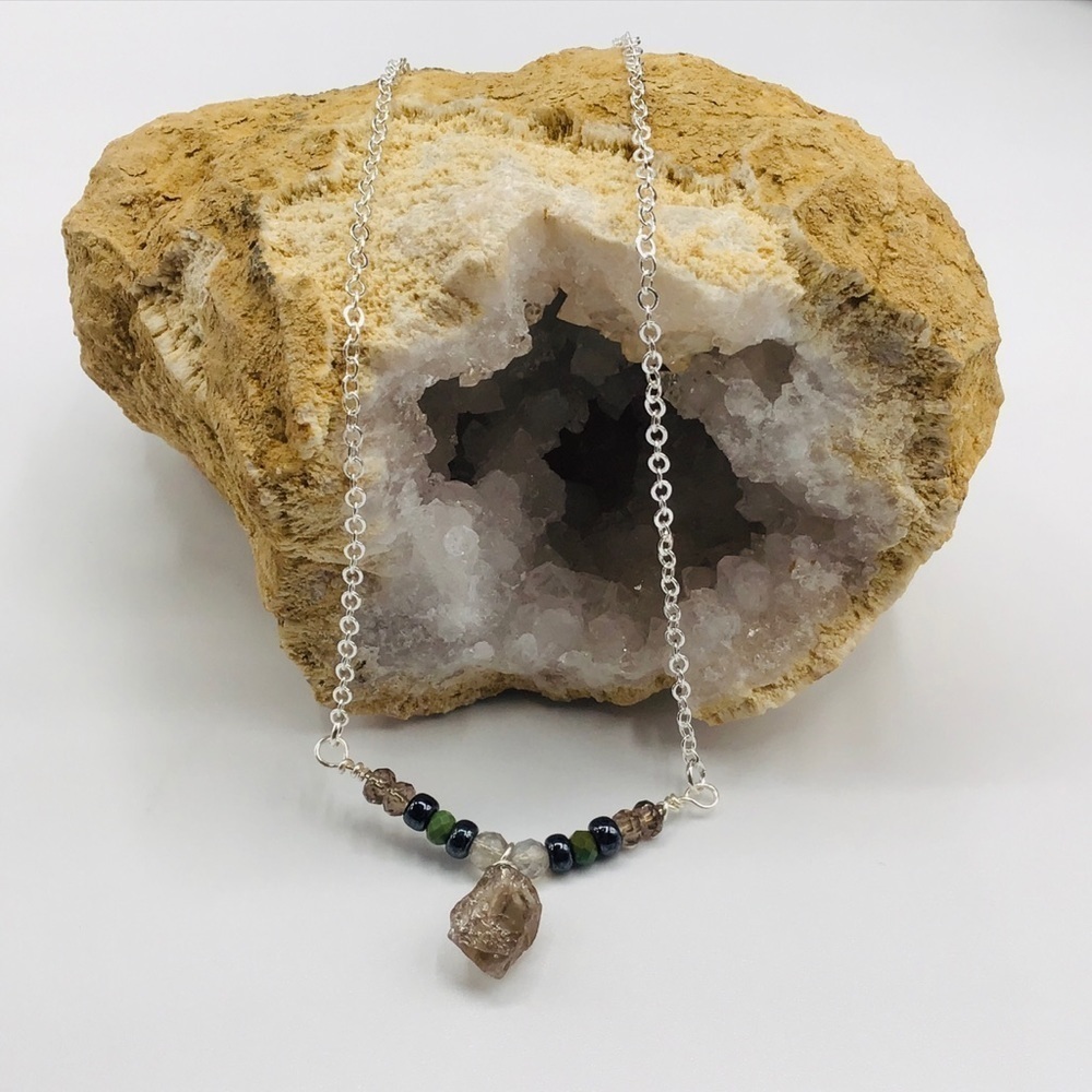 Raw Smokey Quartz Necklace Labradorite Turquoise Hematite V Bar Dainty Chain